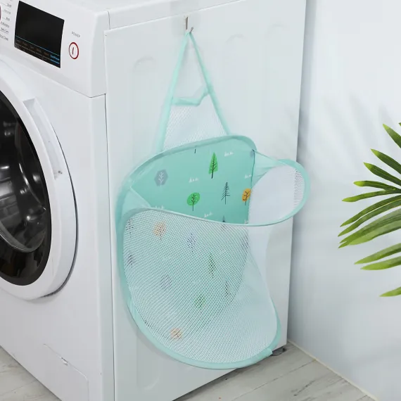 Collapsible Laundry Bag Foldable Laundry Hamper Large Laundry Basket Mesh Wall Mounted for Bathroom with Hook Green Tree