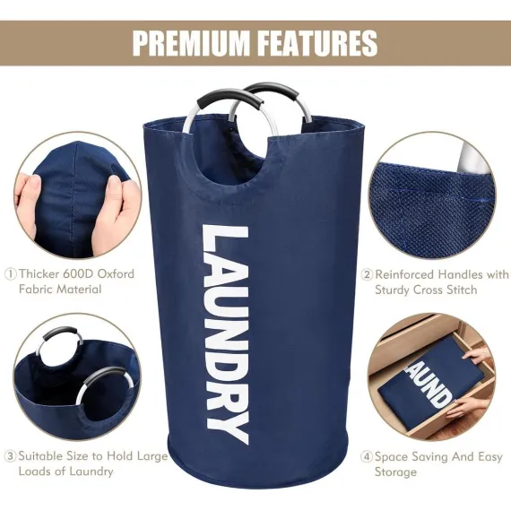 Collapsible laundry basket, Large laundry basket 90 L, Standalone laundry basket with high base, Durable and easy to clean, navy blue