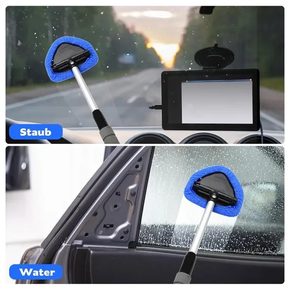 Car Window Cleaning Kit - 5-Piece - Car Window Cleaning Tool - Car Window Cleaning Tool - Car Window Cleaning Brush with Telescopic Handle - 1 Handle + 4 Blue Cloths + 1 50ml Spray Bottle