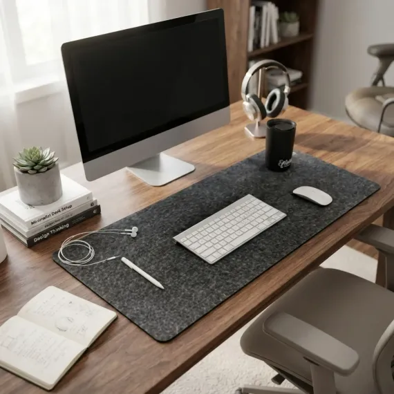 CARLA HOME Felt Desk Mat, Large Mouse Pad 80x40cm, Grey Cotton Linen Fabric