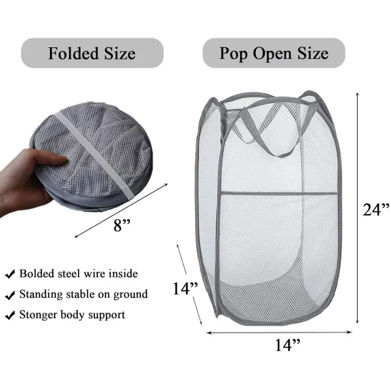 2 Pcs Popup Mesh Laundry Baskets, Collapsible and Portable Clothes Washing Laundry Hampers with Reinforced Carry Handles, Gray Clothes Hamper for Home, Travel, College Dorm