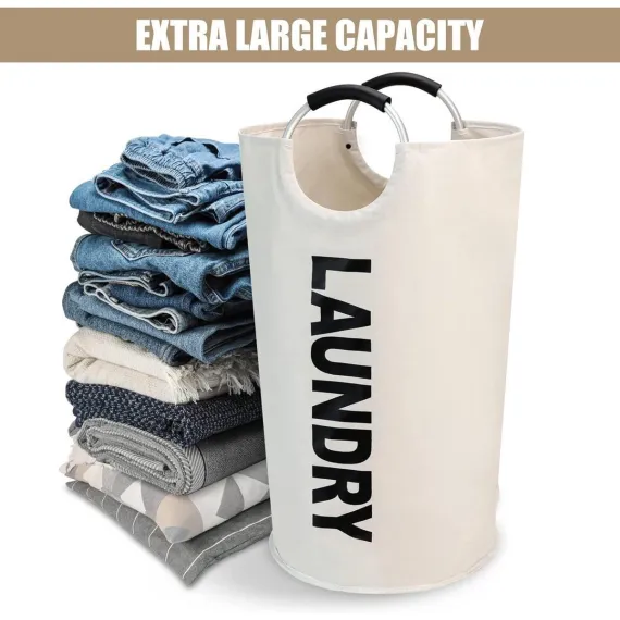 Collapsible laundry basket, Large laundry basket 90 L, Independent laundry basket with high base, Durable and easy to clean, white