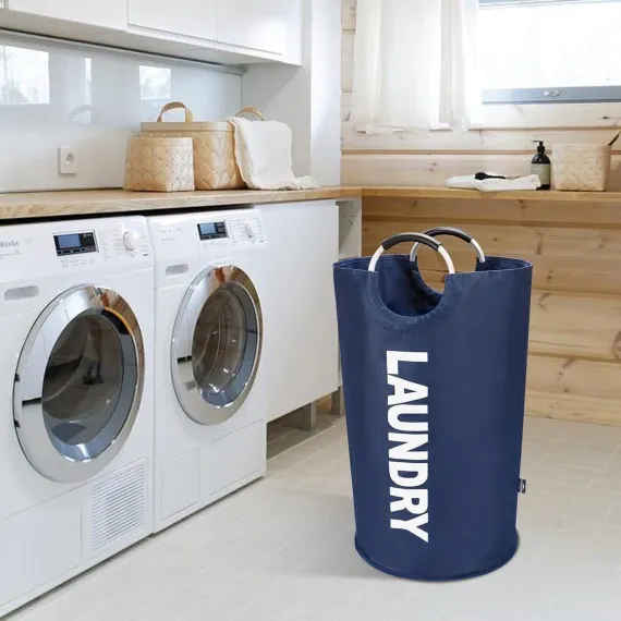 Collapsible laundry basket, Large laundry basket 90 L, Standalone laundry basket with high base, Durable and easy to clean, navy blue