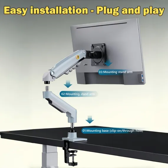 Single Monitor Arm for 17-30 Inch Screens,Height Adjustable Desk Mount Sliver Aluminium Monitor Stand, VESA 75/100mm with C-Clamp/Grommet Base&Gas Spring,Ergonomic Stand for Work/Gaming