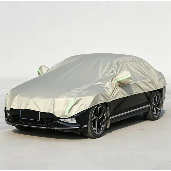 Half Car Cover Sedan with Green Reflective Strip,All Weather Car Body Cover for Sun, Rain, Dust(Fit hatchbacks Length 3.8m to 4.3m)-Sand gold