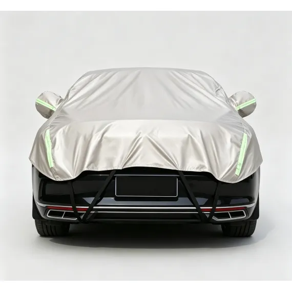 Half Car Cover Sedan with Green Reflective Strip,All Weather Car Body Cover for Sun, Rain, Dust(Fit hatchbacks Length 3.8m to 4.3m)-Sand gold