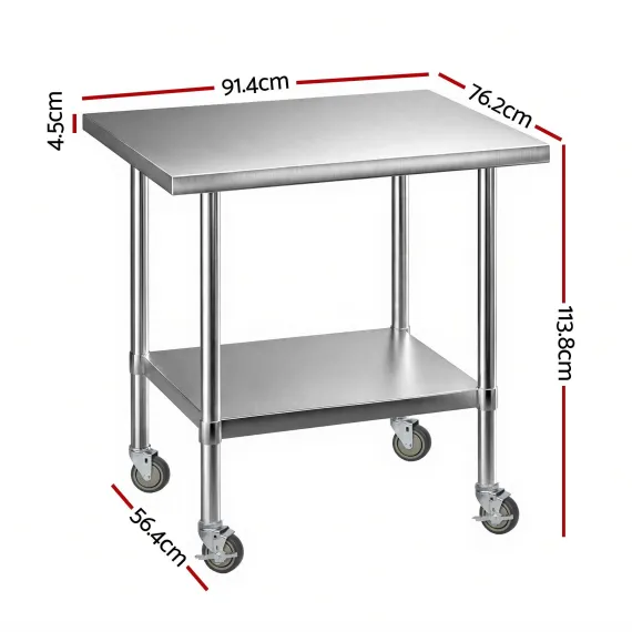 Cefito 914x762mm Stainless Steel Kitchen Bench w/ Splashback Work Table Prep Bench Commercial 430