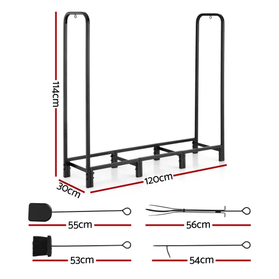 Gardeon Firewood Rack 120cm Wood Rack 3 Sizes Firewood Storage with Tools Black