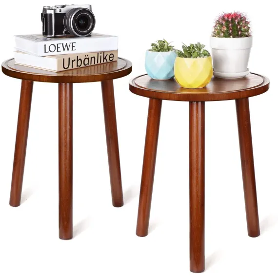 2Pcs Small Side Table Round End Table Wood Plant Stand Super Thick 3-Legs Stool