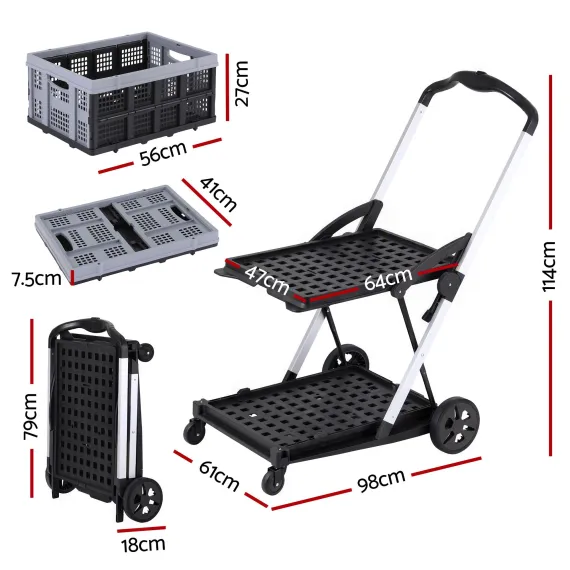 Artiss Shopping Trolley with Wheels 2 Layer w/1 Crate Foldable Trolley Grey