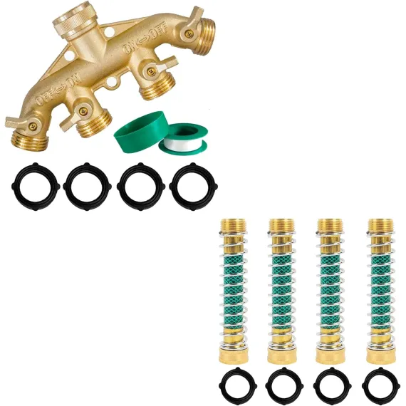 Brass Garden Hose Splitter (4 Way) + Garden Hose Protector