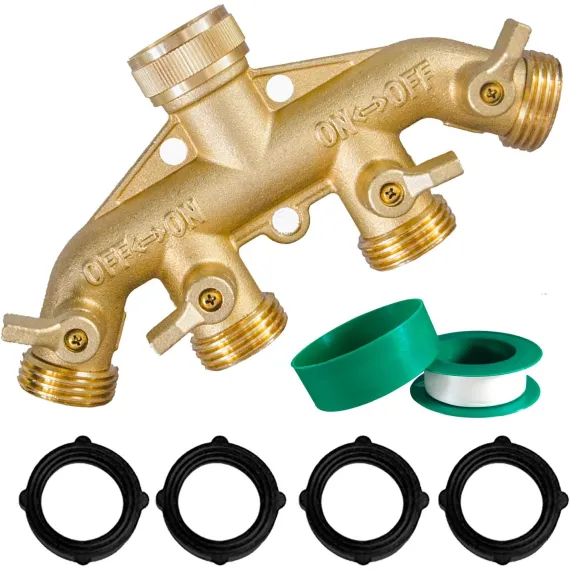 Brass Garden Hose Splitter (4 Way) + Garden Hose Protector