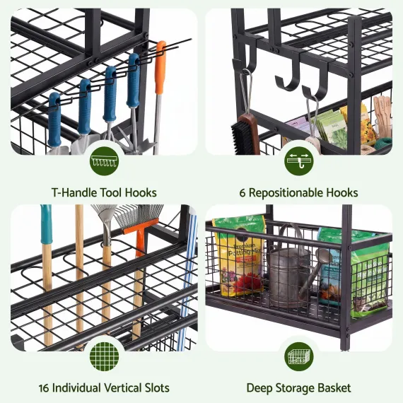 Gardeon Garden Tool Organizer Rack 16 Slots Rolling Garage Storage with Hooks