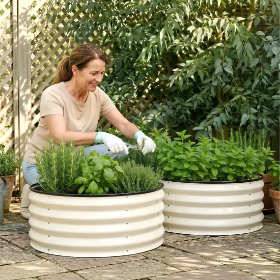 Green Fingers Round Raised Garden Bed 2 Pack Galvanised Planter Box Rust Resistant 60x60x30cm White