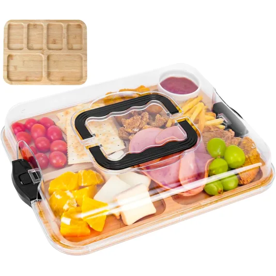 CARLA HOME Bamboo Charcuterie Board with Lid & Handle ideal Gift for Kitchen, Party & Picnic (6 Compartments)