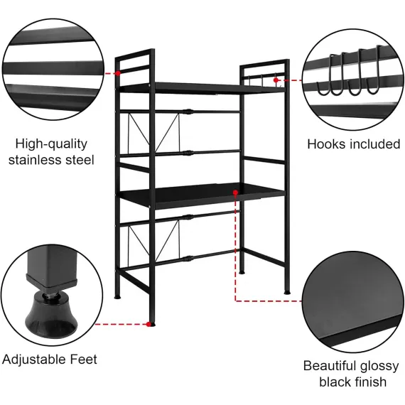 CARLA HOME 3-Tier Microwave Oven Rack with Adjustable Metal Kitchen Shelf Stand for Countertop Storage and 6 Hooks for Utensils