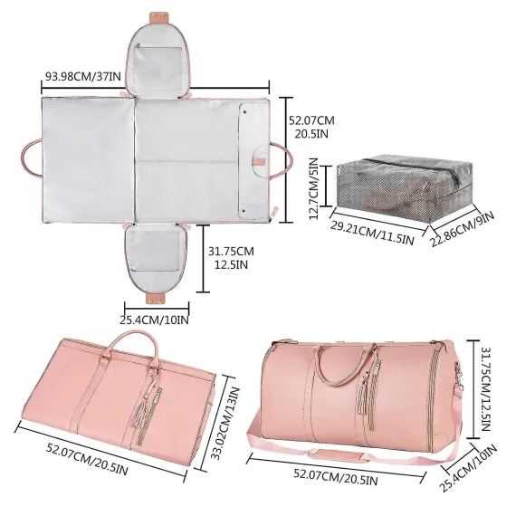 2-in-1 Foldable PU Leather Travel Bag, Convertible Suitcase, Travel Garment Bag for Women White
