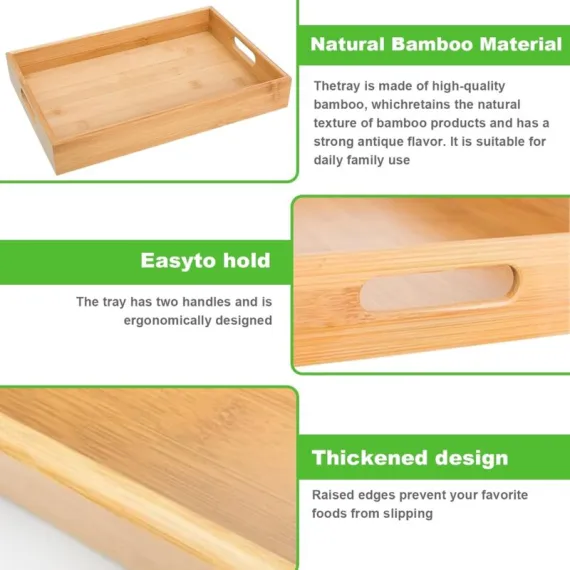 2 pcs Bamboo Serving Trays, Wooden Tray, Rectangular Serving Tray With Handles, Breakfast Tray Serving Tray For