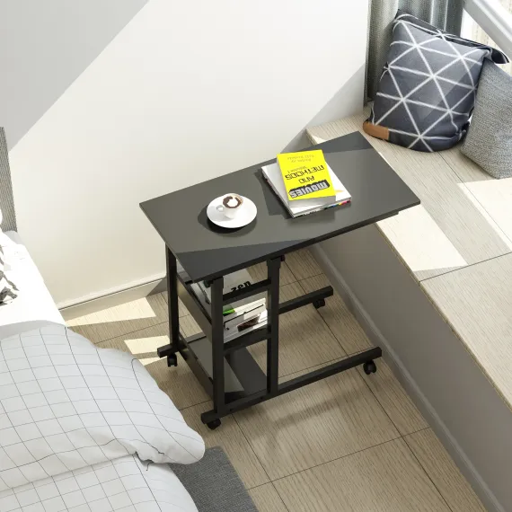 YES4HOMES Side Table with Storage Shelves, Height Adjustable Sofa Couch Coffee End Table Bedside Table Laptop Desk with Wheels