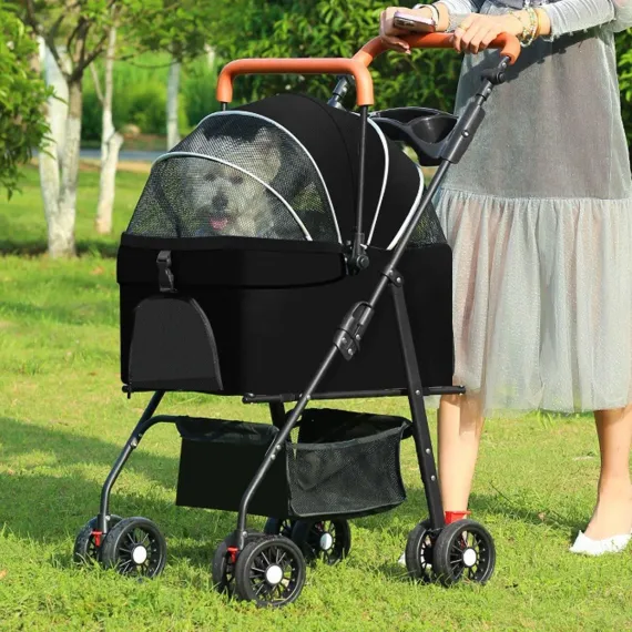 Foldable 2 in 1 Pet Stroller for Outdoor Travel Outing Lightweight Pet Carrier - Black
