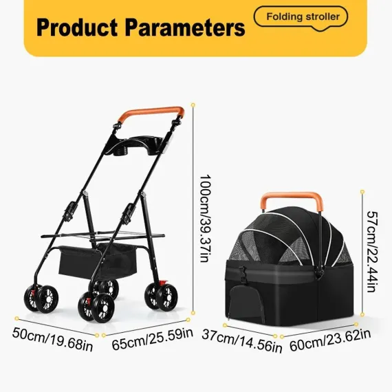 Foldable 2 in 1 Pet Stroller for Outdoor Travel Outing Lightweight Pet Carrier - Black