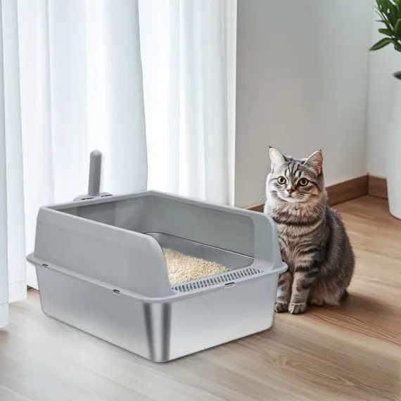 P&P Grey Silver Stainless Steel Cat Litter Box with High Sides, Open Top and Scoop