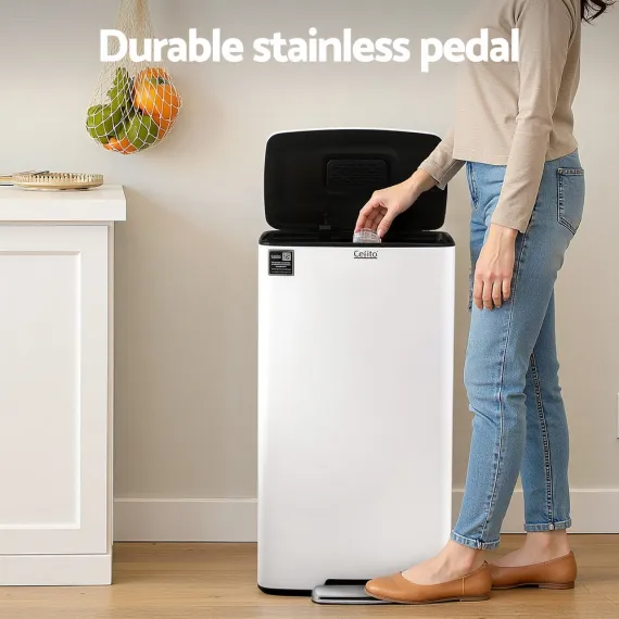 Cefito Pedal Bins Rubbish Bin Waste Recycle Dustbins Kitchen Trash Can 40L White