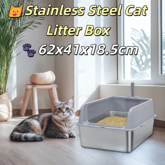 P&P Grey Silver Stainless Steel Cat Litter Box with High Sides, Open Top and Scoop