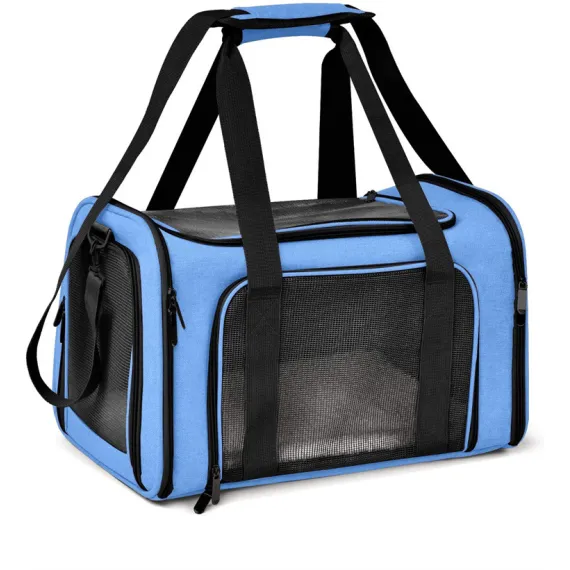 XL Blue Portable Foldable Pet Carrier Bag - Large Capacity Travel Carrier for 2 Small Pets, Comfortable and Stylish Cat Backpack, Foldable & Easy to Carry