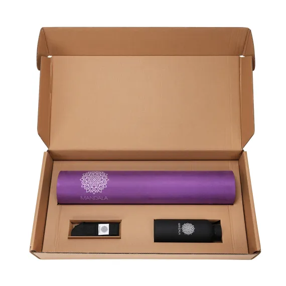 Mandala Yoga Mat Premium Bundle, Includes Yoga Mat 188cm H x 61cm W, Yoga Strap & Steel Hydration Bottle - Purple
