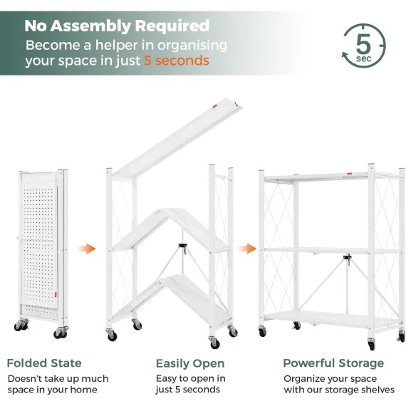 CARLA HOME 3-Tier Foldable Storage Shelf with Wheels for Kitchen, Garage, Pantry or Basement (White)