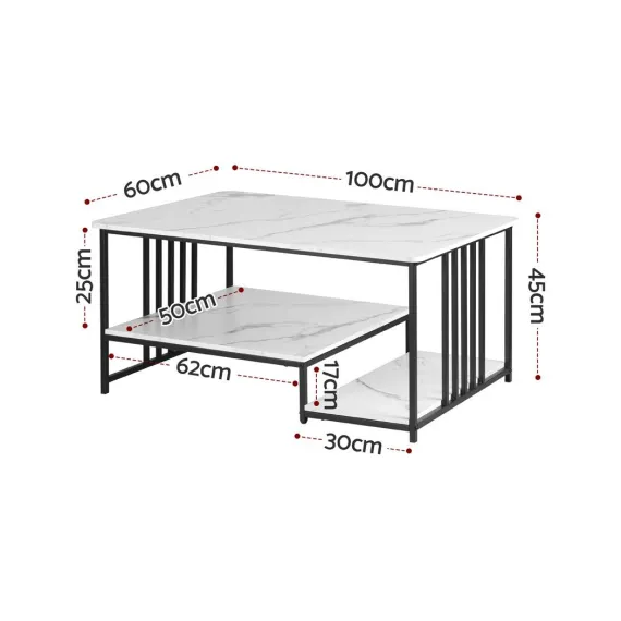 Artiss Coffee Table 100cm Faux Marble Finish Center Table 2-Tier Storage White&Black