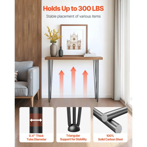 4 Pack Hairpin Table Legs 101.6cm Black Heavy Duty 3 Rod Carbon Steel Furniture Legs for Desk Dining Table Bench End Table DIY Each Supports 99.8kg