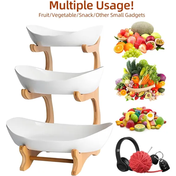 CARLA HOME 3-Tier Plastic Fruit Bowl Basket with Bamboo Stand for Kitchen Counter, Snack Tray, Dessert Server & Vegetable Storage Rack