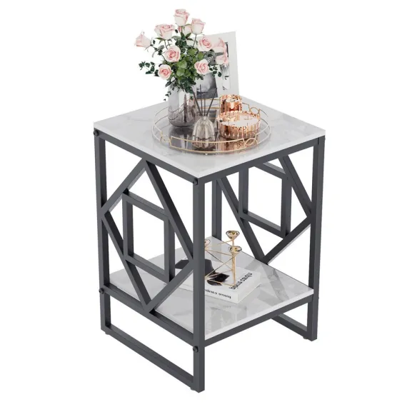 Sleek White Marble Side Table Sofa End Table Bedside Nightstand w Durable Frame