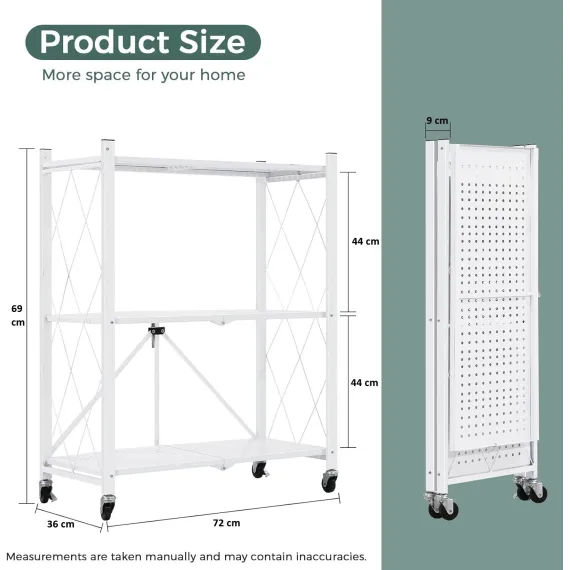 CARLA HOME 3-Tier Foldable Storage Shelf with Wheels for Kitchen, Garage, Pantry or Basement (White)