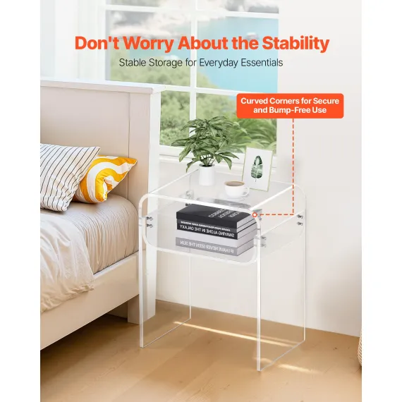 Acrylic Side Table, 2 Tiers Clear Bedside Table with Storage Shelf, Modern Rectangle Acrylic End Desk, Transparent Thick Nightstand for Bedroom, Living Room, Study, 30 x 40 x 50 cm (Clear)