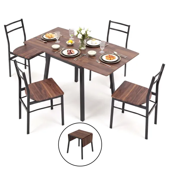 Artiss Dining Table and Chairs Set 5pcs with Extendable 60-120cm Drop-Leaf Table Brown