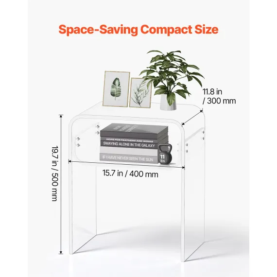 Acrylic Side Table, 2 Tiers Clear Bedside Table with Storage Shelf, Modern Rectangle Acrylic End Desk, Transparent Thick Nightstand for Bedroom, Living Room, Study, 30 x 40 x 50 cm (Clear)