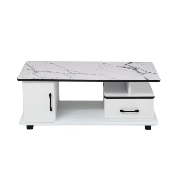 Artiss Coffee Table Marble Finish Center Table with Storage Drawer Cabinet Wood White