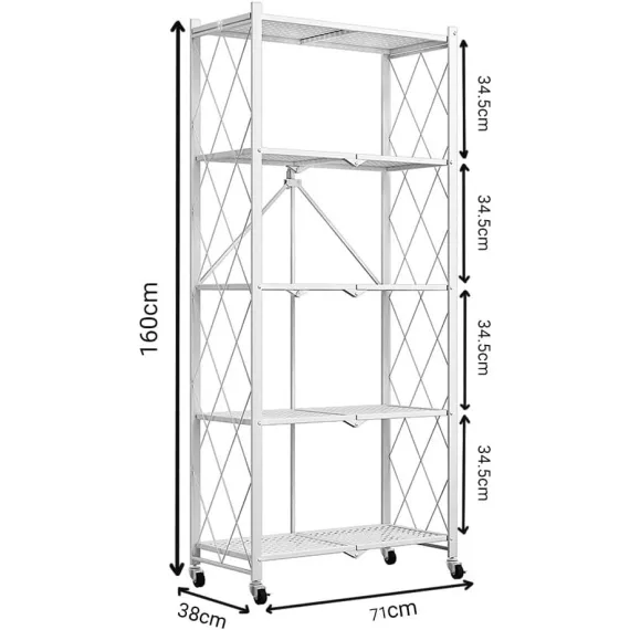 CARLA HOME 5-Tier Foldable Storage Shelf with Wheels for Kitchen, Garage, Pantry or Basement (White)