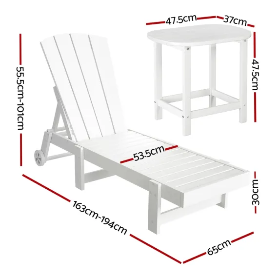 Gardeon Sun Lounge Lounger Table and Chairs Beach Chair Adirondack HDPE Patio Outdoor Furniture Wheels White