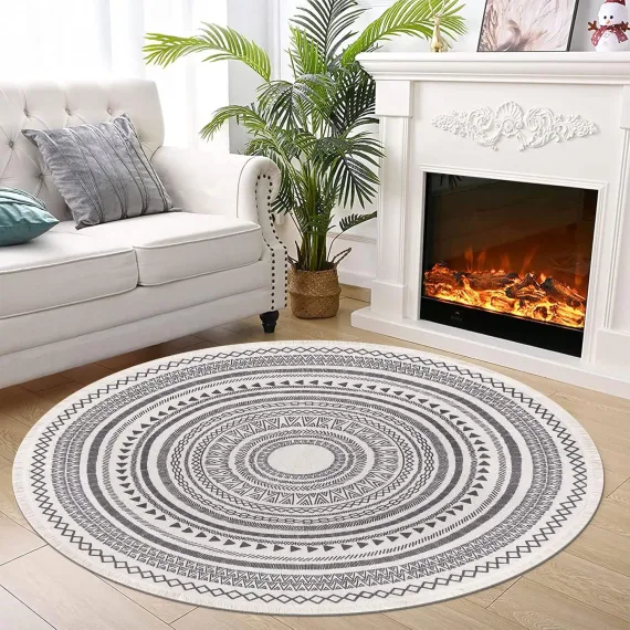 Grey Round Woven Cotton Rug with Fringes 120cm Washable Absorbent Rug Moroccan Style Print 120*120CM—yux 120*120CM