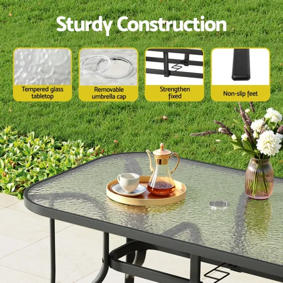 Gardeon 120CM Outdoor Dining Table Steel Parasol Hole Desk Patio Furniture Black