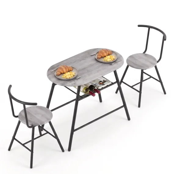 Artiss Oval Dining Table Set 3PC Space-Saving Bistro Kitchen Storage Wine Rack Grey