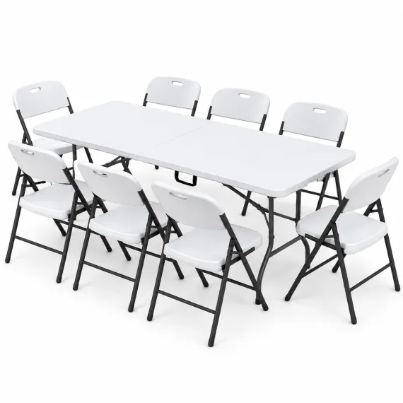 Gardeon 9PCS Outdoor Dining Set 180CM Folding Table and Chairs Patio Furniture White