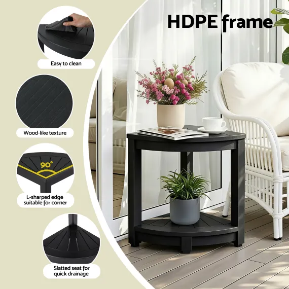 Gardeon Outdoor Coffee Side Table HDPE Desk Corner Shower Stool Bench Seat with Storage Shelf Black