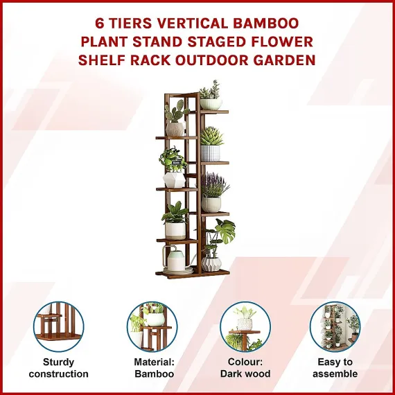 6 Tiers Vertical Bamboo Plant Stand Staged Flower Shelf Rack Outdoor Garden