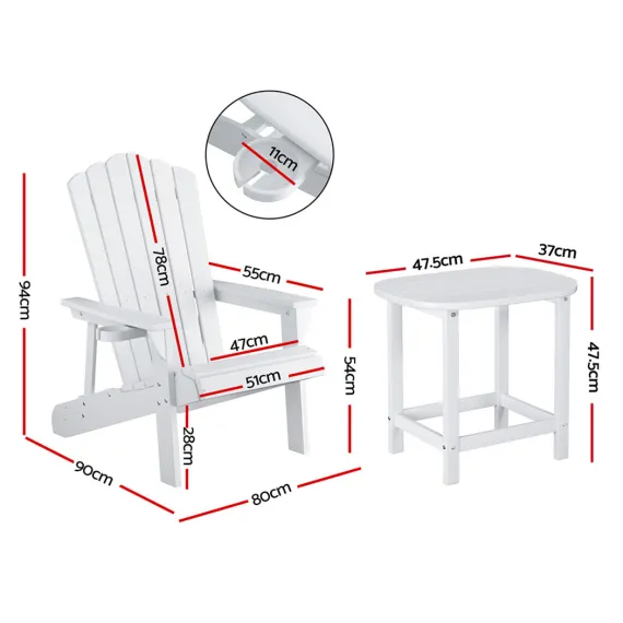 Gardeon Outdoor Table and Chairs HDPE Adirondack Beach Chair Sun Lounge Patio Furniture Garden White