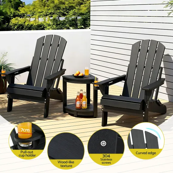 Gardeon Outdoor Table and Chairs HDPE Folding Adirondack Beach Chair Patio Furniture Black
